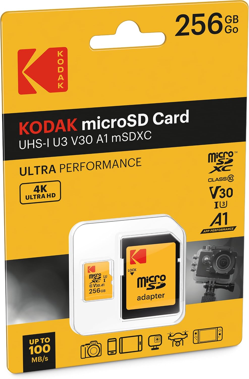 Kodak microSDXC-muistikortti, 256 Gt, Luokka 10 / UHS-1 U3, sovittimella EKMSDM256GXC10HPRK