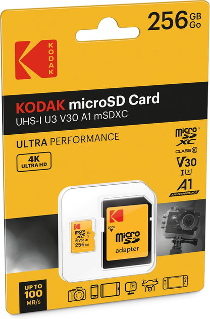 Kodak microSDXC-muistikortti, 256 Gt, Luokka 10 / UHS-1 U3, sovittimella EKMSDM256GXC10HPRK