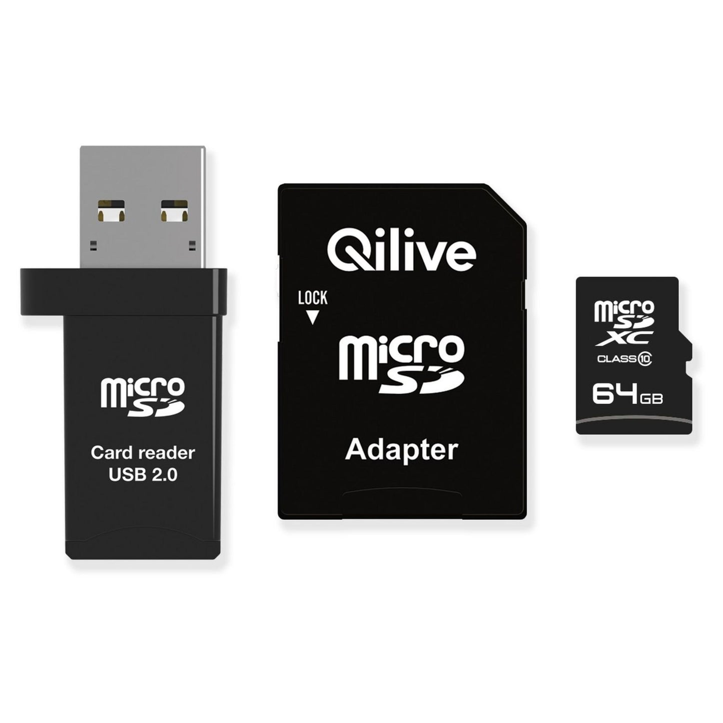 Qilive microSDXC-muistikortti, 64 Gt, Luokka 10, Kortinlukija ja sovitin EKMSDM64GXC10QL