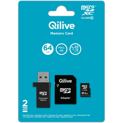 Qilive microSDXC-muistikortti, 64 Gt, Luokka 10, Kortinlukija ja sovitin EKMSDM64GXC10QL