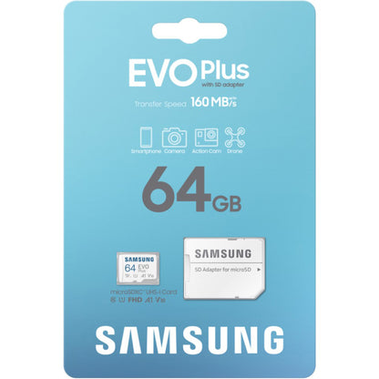 Samsung Evo Plus microSDXC-muistikortti, 64 Gt, Luokka 10 / UHS-1 U1, sovittimella MB-MC64SA/EU
