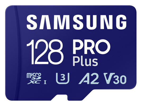 Samsung PRO Plus microSDXC-muistikortti, 128 Gt, Luokka 10 / UHS-1 U3, kortinlukijalla MB-MD128SB/WW