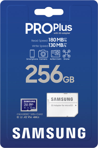 Samsung PRO Plus microSDXC-muistikortti, 256 Gt, Luokka 10 / UHS-1 U3, sovittimella MB-MD256SA/EU