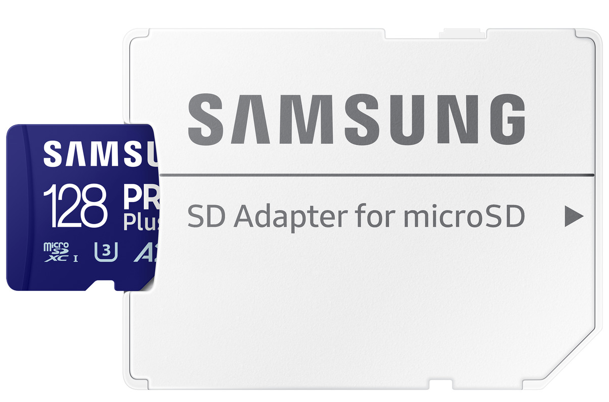 Samsung PRO Plus microSDXC-muistikortti, 128 Gt, Luokka 10 / UHS-1 U3, sovittimella MB-MD128SA/EU