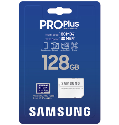 Samsung PRO Plus microSDXC-muistikortti, 128 Gt, Luokka 10 / UHS-1 U3, sovittimella MB-MD128SA/EU