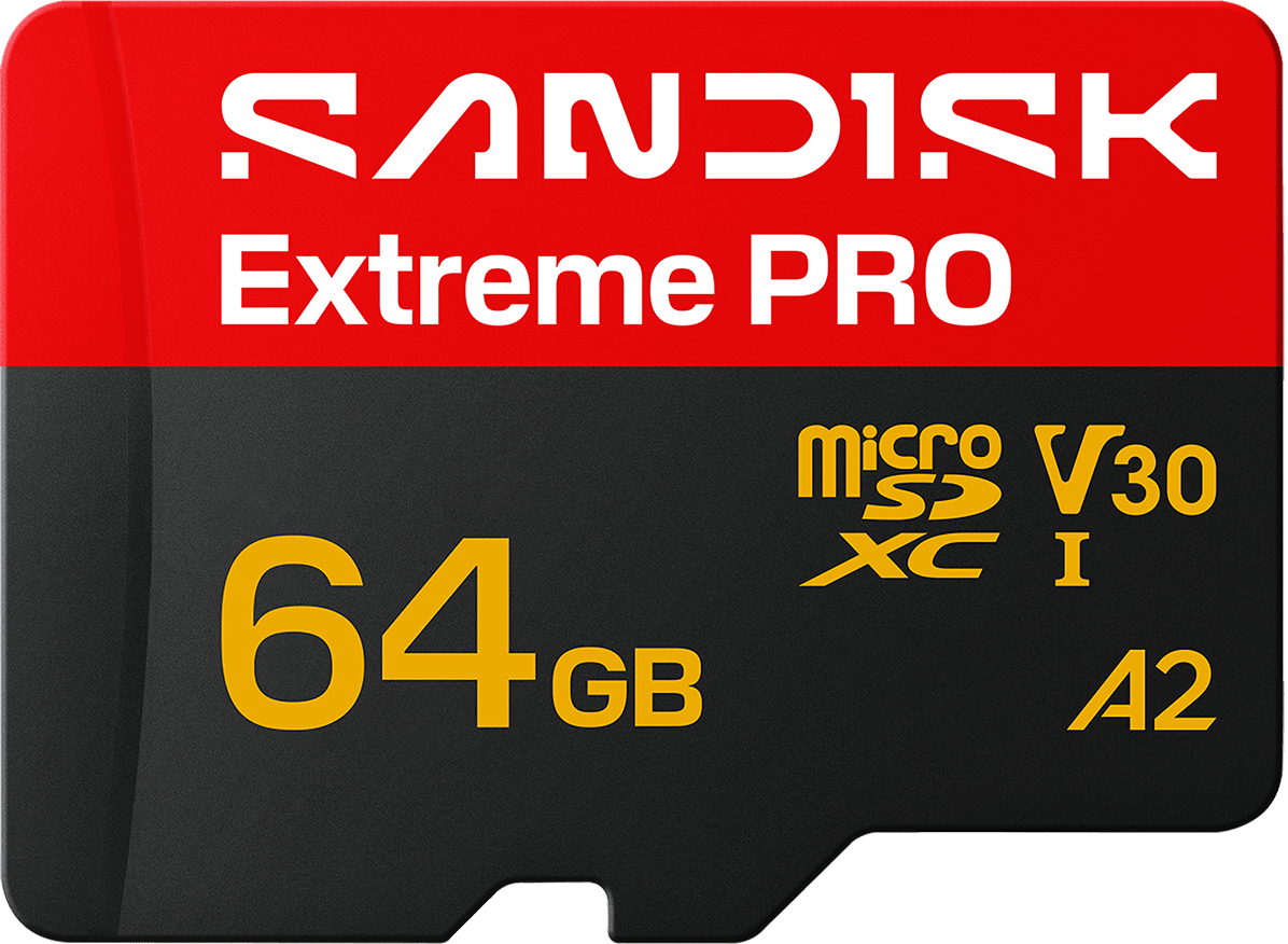 SanDisk Extreme Pro A2 microSDXC -muistikortti, 64 Gt, Luokka 10 / UHS-1 U3, sovittimella SDSQXCU-064G-GS6MA