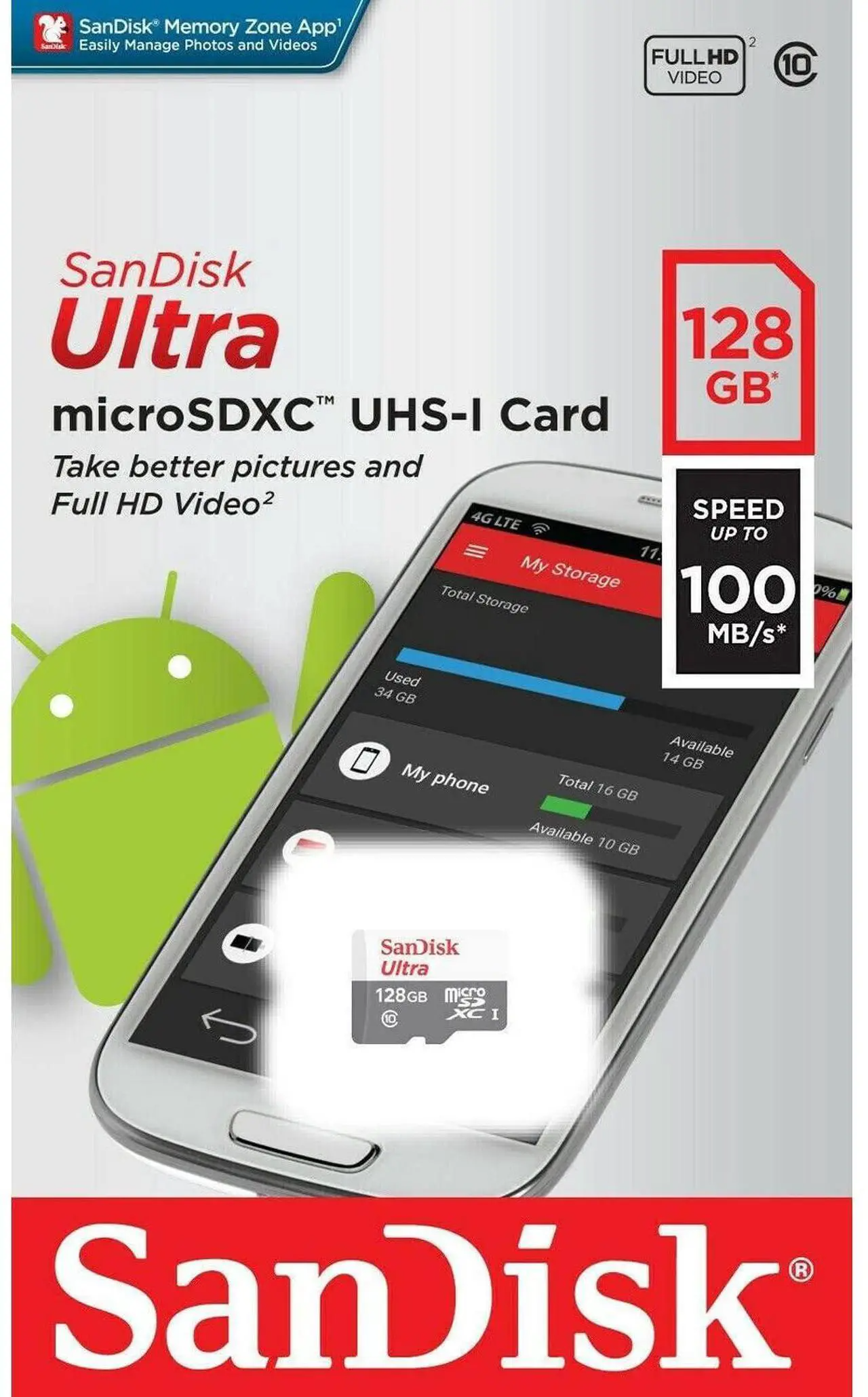SanDisk Ultra microSDXC -muistikortti, 128 Gt, Luokka 10 SDSQUNR-128G-GN3MN