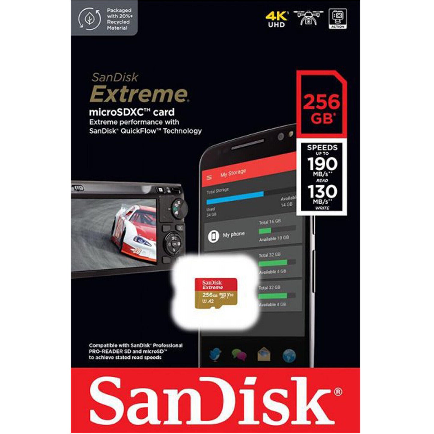 SanDisk Extreme microSDXC -muistikortti, 256 Gt, Luokka 10 / UHS-1 U3 SDSQXAV-256G-GN6MN