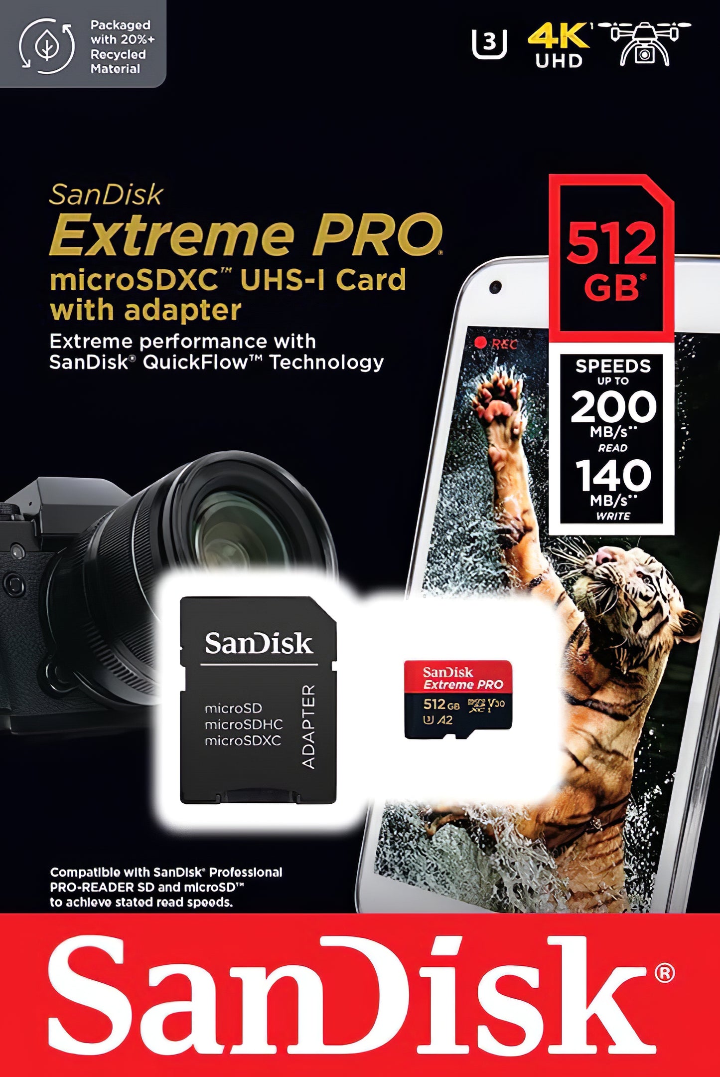 Muistikortti microSDXC SanDisk Extreme Pro, 512Gb, Luokka 10 / UHS-1 U3, Sovittimella SDSQXCD-512G-GN6MA