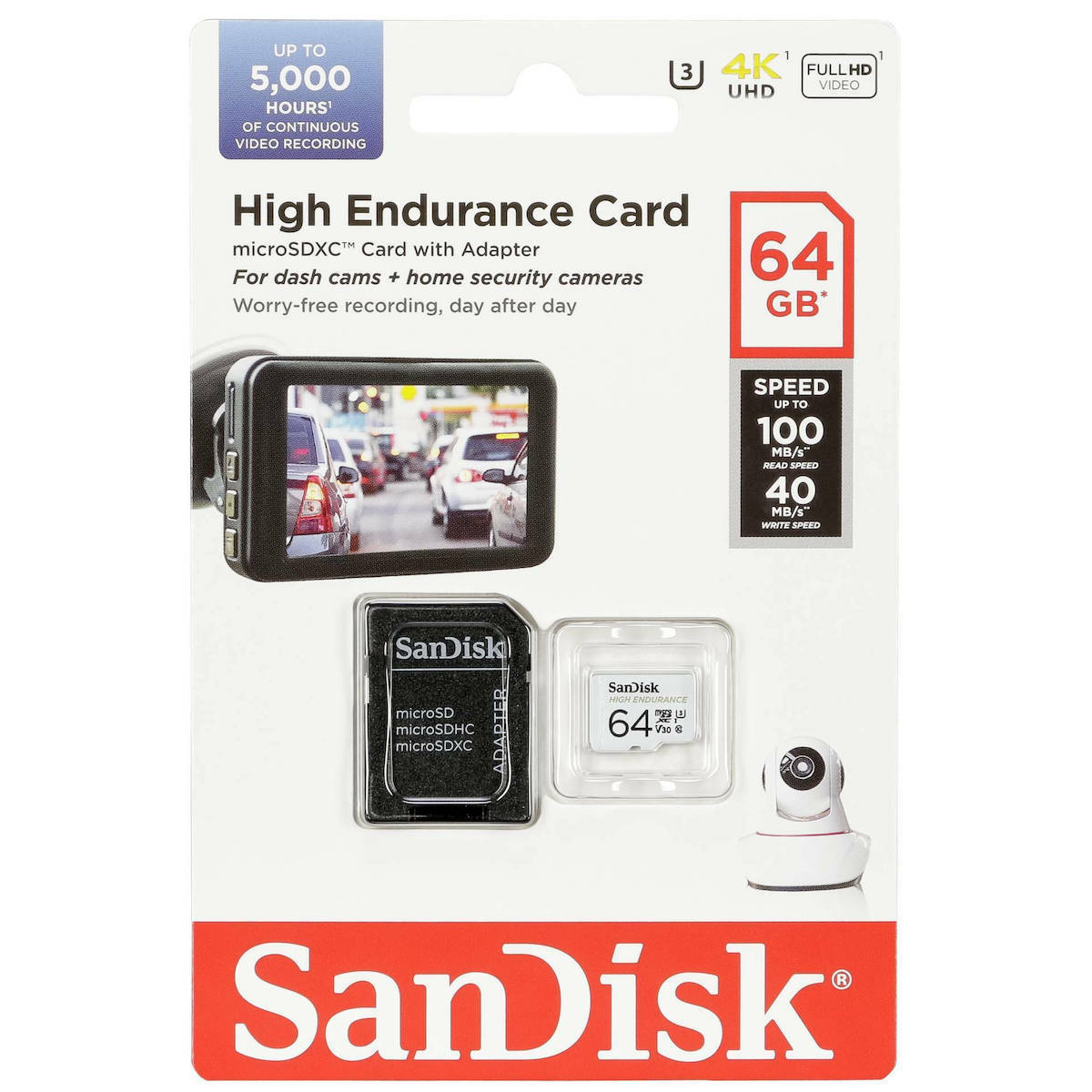 SanDisk High Endurance microSDXC -muistikortti, 64 Gt, Luokka 10 / UHS-1 U3, sovittimella SDSQQNR-064G-GN6IA