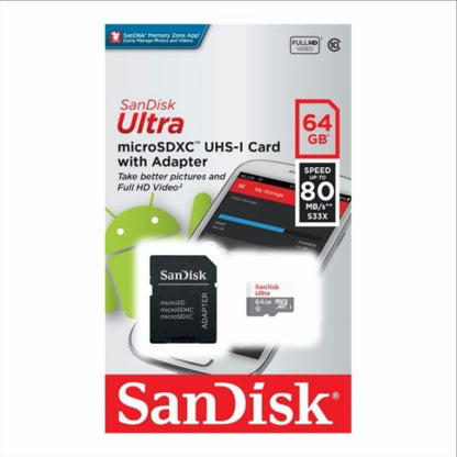 Muistikortti microSDXC SanDisk Ultra, 64Gb, Luokka 10, Sovittimella SDSQUNR-064G-GN3MA
