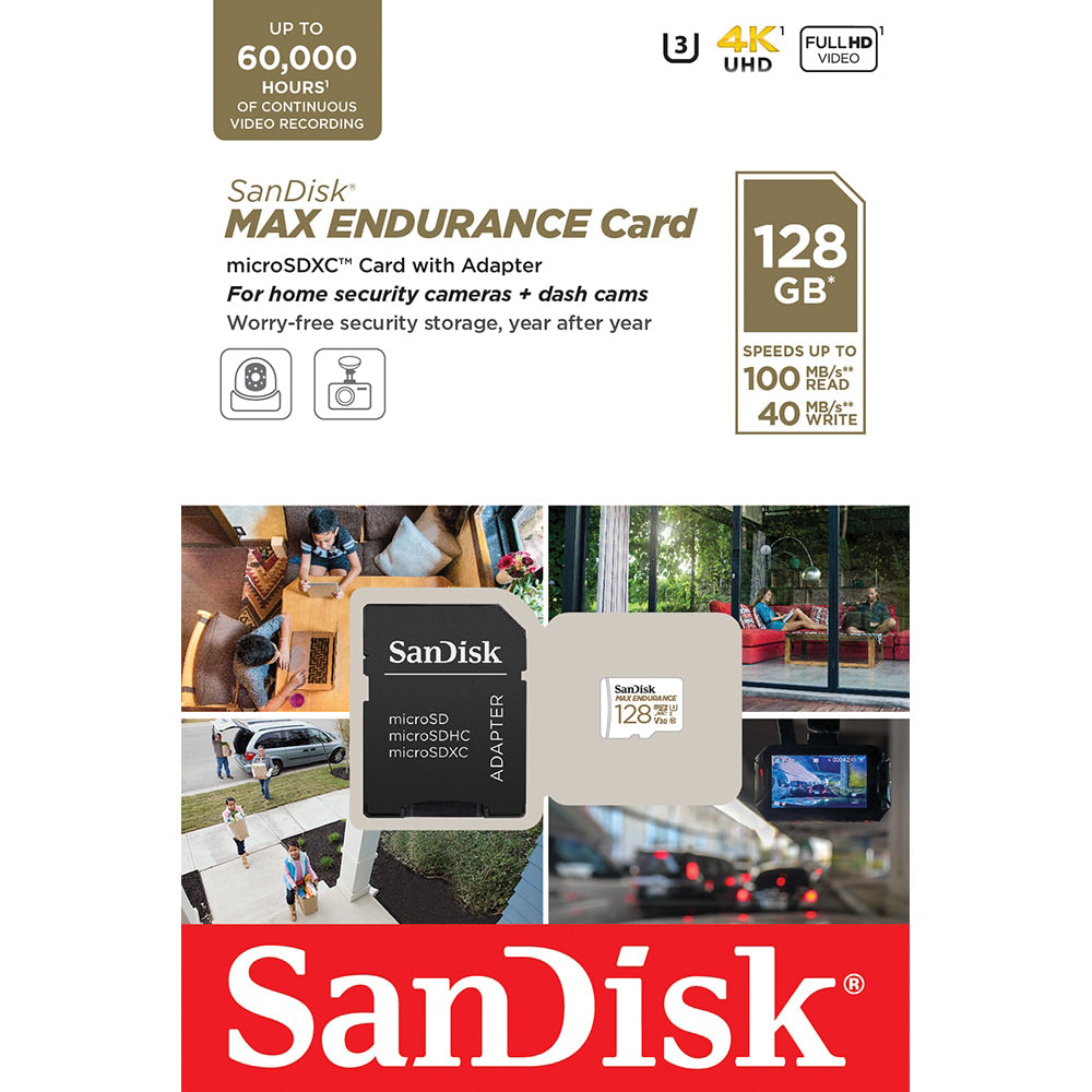 SanDisk MAX Endurance microSDXC -muistikortti, 128 Gt, Luokka 10 / UHS-1 U3, sovittimella SDSQQVR-128G-GN6IA