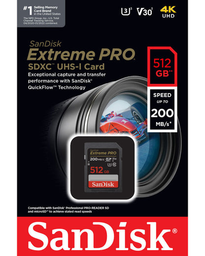 SDXC-muistikortti SanDisk Extreme Pro, 512Gt, Luokka 10 / UHS-1 U3 SDSDXXD-512G-GN4IN