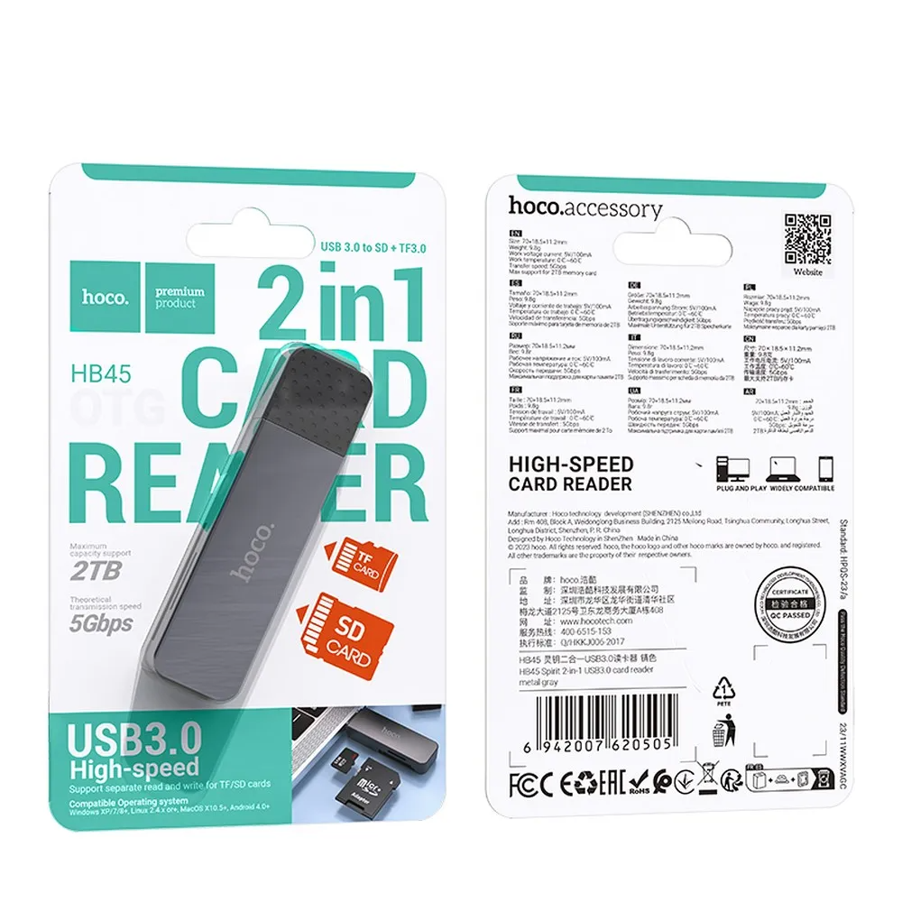 USB 3.0 -kortinlukija HOCO HB45, SD - microSD, Harmaa