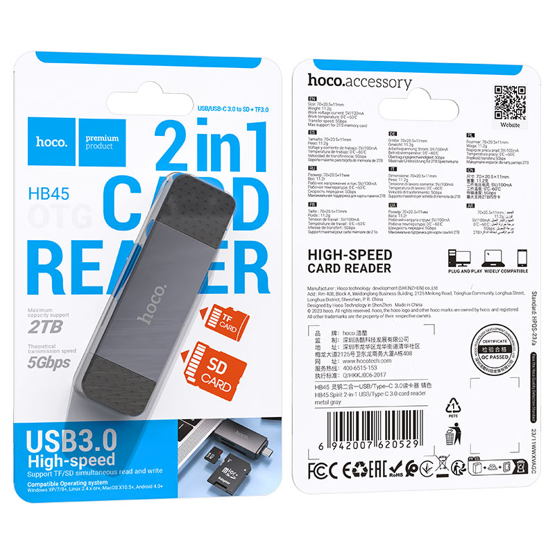 USB 3.0 / USB-C -kortinlukija HOCO HB45, SD - microSD, Harmaa