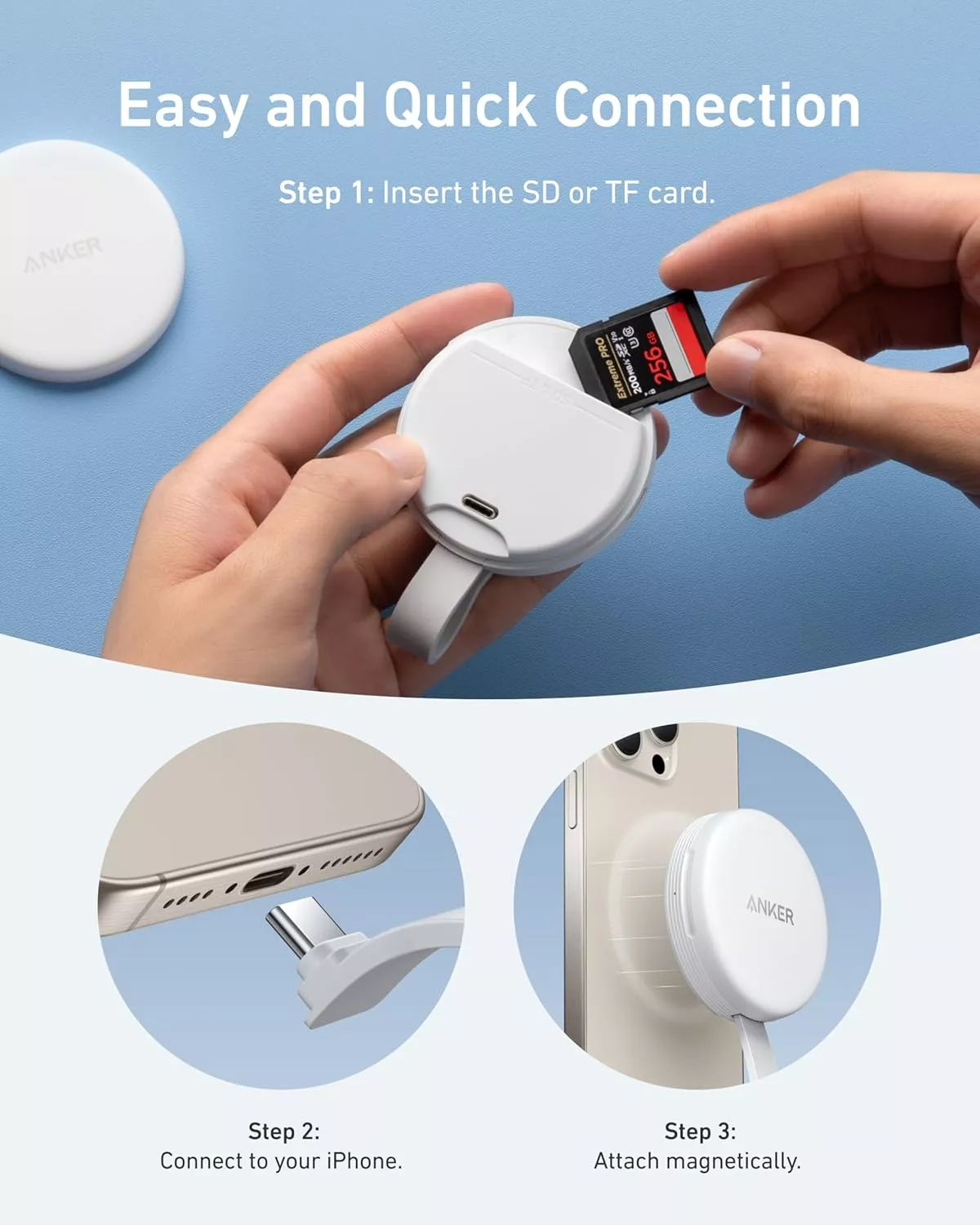 USB-C Anker MagGo -kortinlukija Apple iPhone USB-C:lle, SD - microSD, Valkoinen A83D1G21