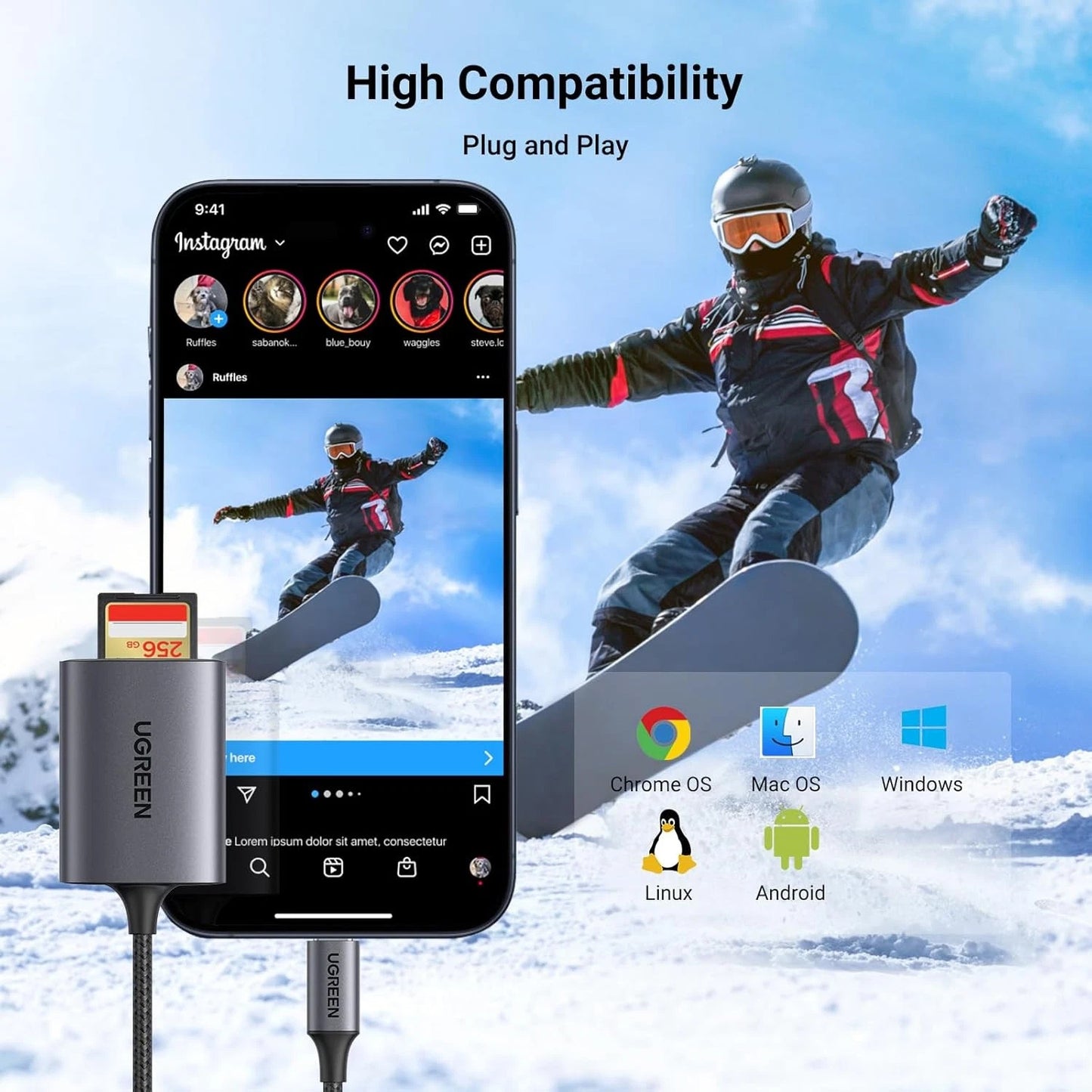 USB-C-kortinlukija UGREEN CM401, SD - microSD, Harmaa