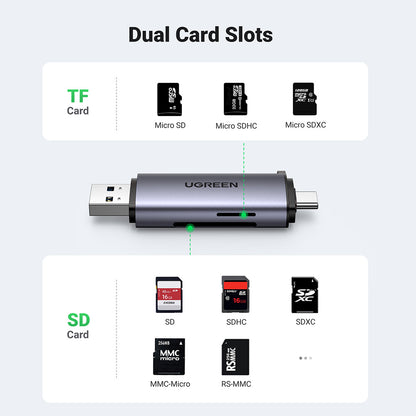 USB / USB-C -kortinlukija UGREEN CM185, SD - microSD, Harmaa