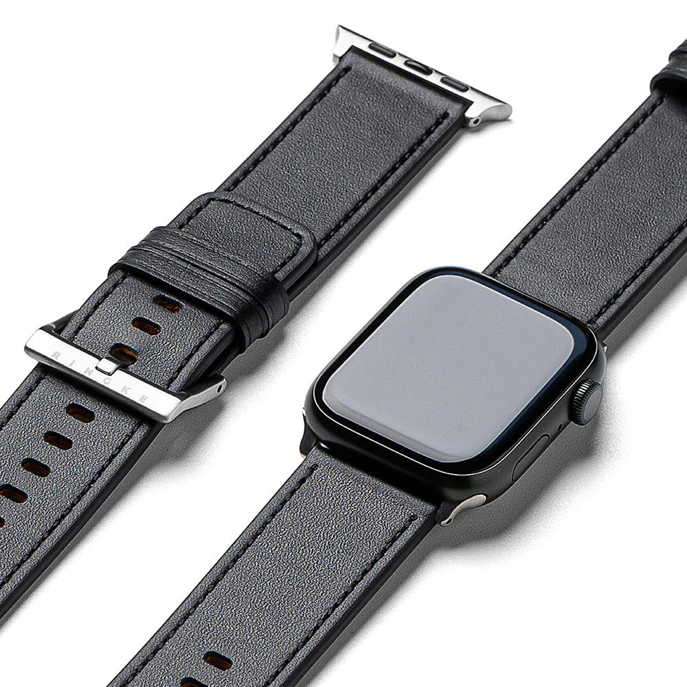 Ringke Leather One -ranneke Apple Watch 49mm / 46mm / 45mm / 44mm / 42mm -sarjalle, Musta