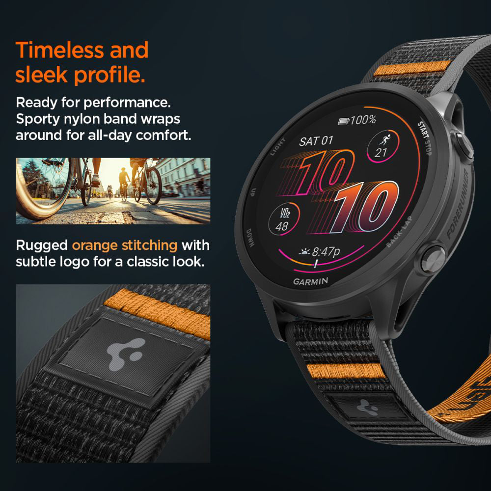 Spigen Athlex Air 2 -ranneke Garmin Watch Venu / Forerunner -sarjalle, 22 mm, musta oranssi AMP11425