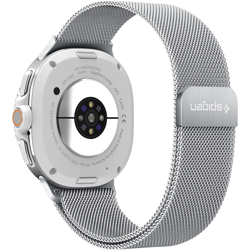 Spigen Metal Fit -ranneke Samsung Galaxy Watch9 / Watch8 / Watch8 Classic -sarjalle, hopea AMP10121