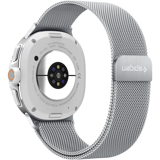 Spigen Metal Fit -ranneke Samsung Galaxy Watch9 / Watch8 / Watch8 Classic -sarjalle, hopea AMP10121