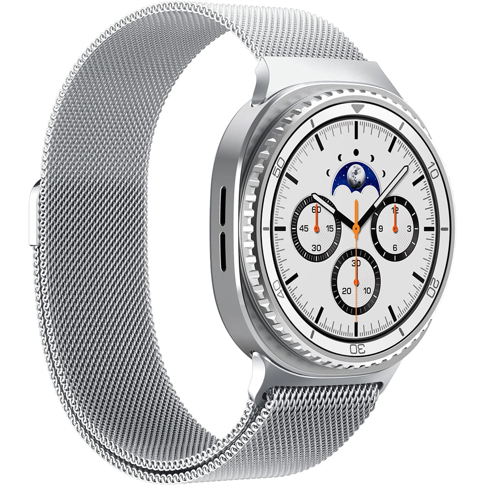 Spigen Metal Fit -ranneke Samsung Galaxy Watch9 / Watch8 / Watch8 Classic -sarjalle, hopea AMP10121