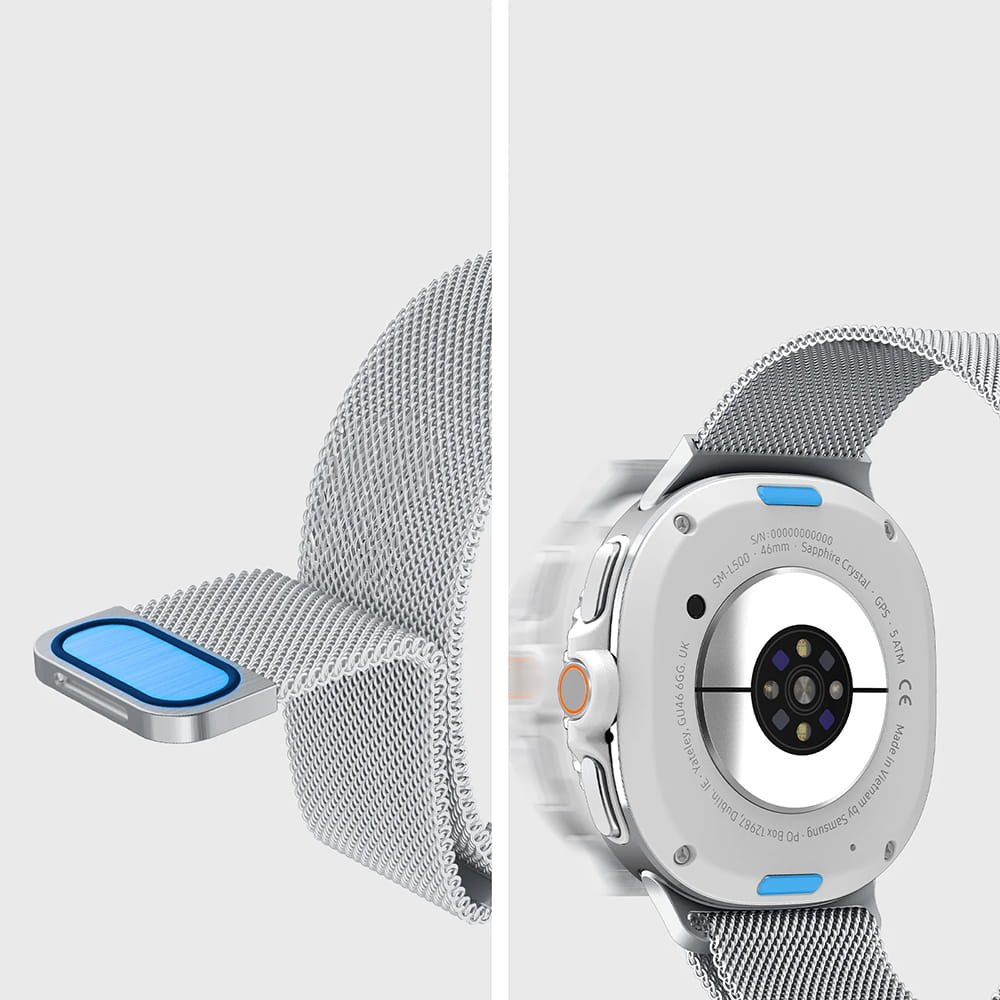 Spigen Metal Fit -ranneke Samsung Galaxy Watch9 / Watch8 / Watch8 Classic -sarjalle, hopea AMP10121