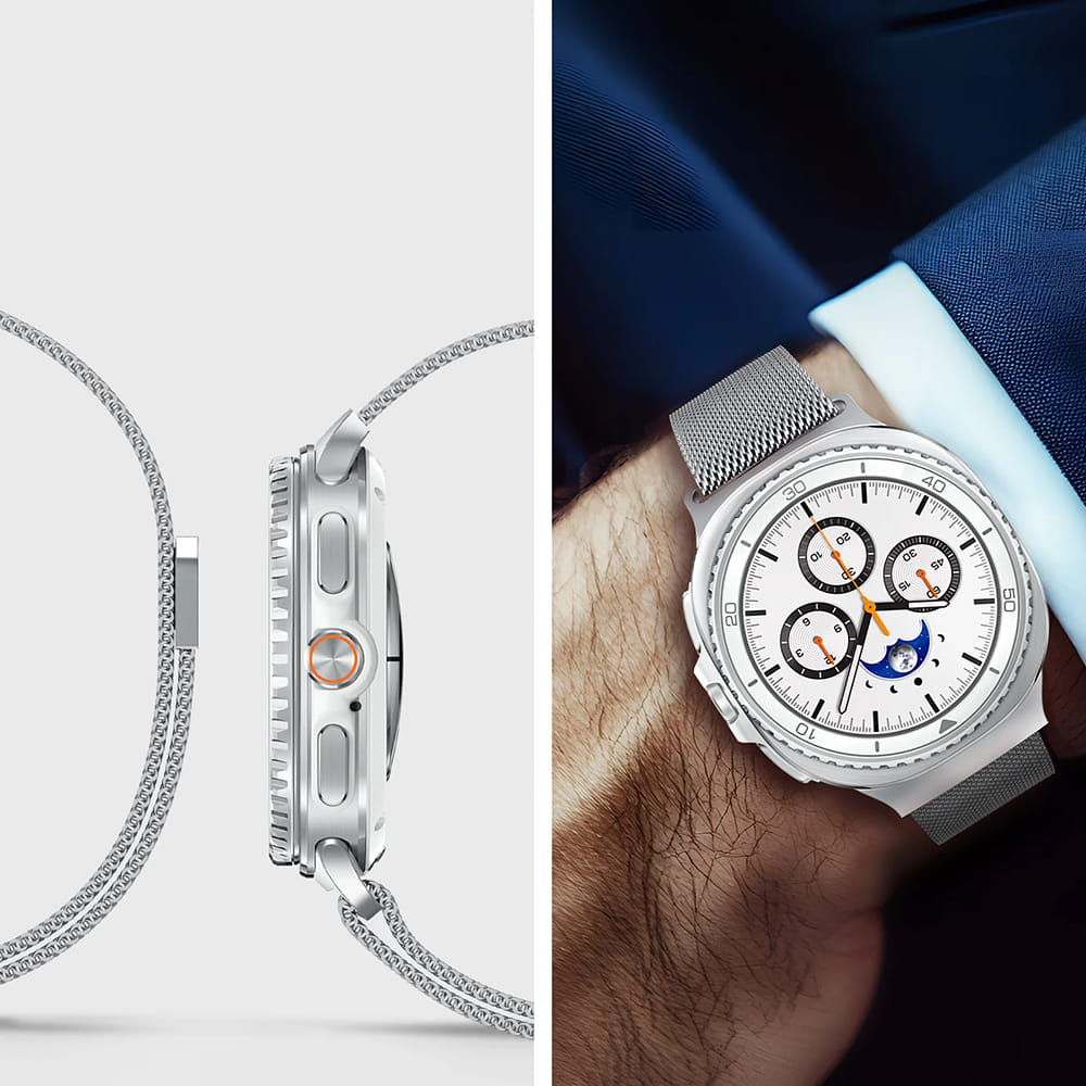 Spigen Metal Fit -ranneke Samsung Galaxy Watch9 / Watch8 / Watch8 Classic -sarjalle, hopea AMP10121