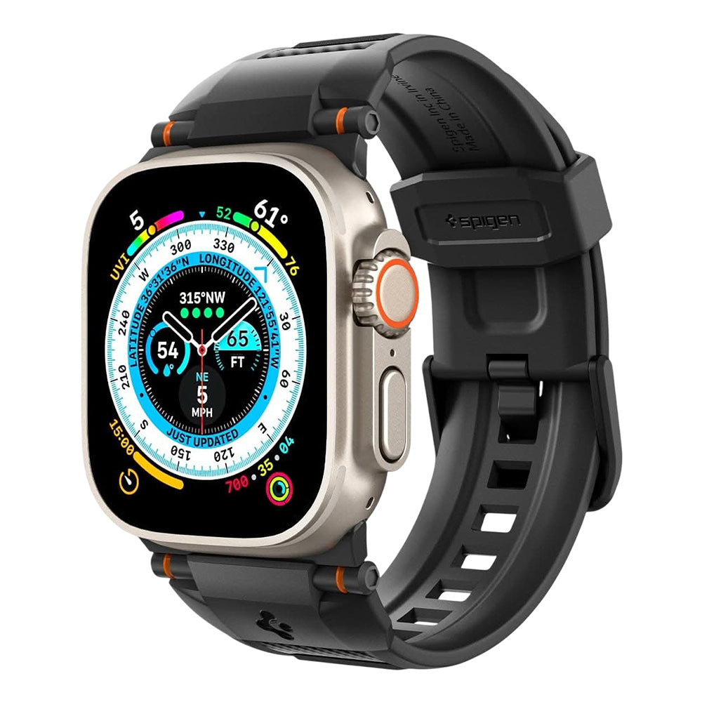Spigen Rugged ranneke Apple Watch 49mm / 46mm / 45mm / 44mm / 42mm -sarjoille, musta AMP07105