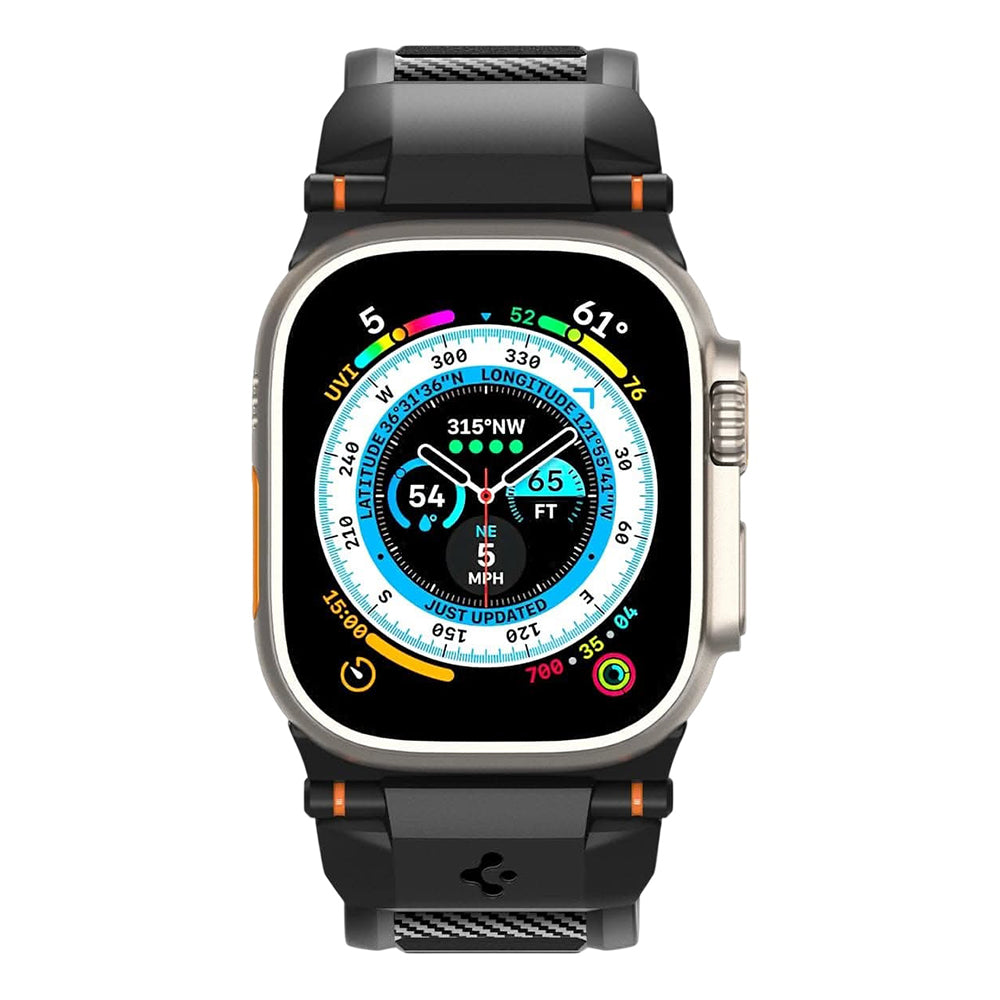 Spigen Rugged ranneke Apple Watch 49mm / 46mm / 45mm / 44mm / 42mm -sarjoille, musta AMP07105