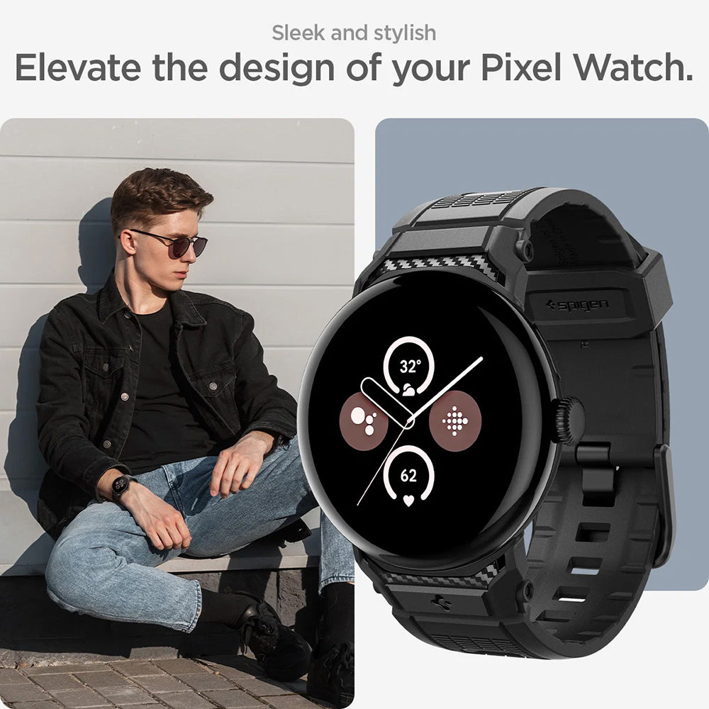 Spigen Rugged -ranneke Google Pixel Watch 45mm -sarjalle, Musta AMP07600