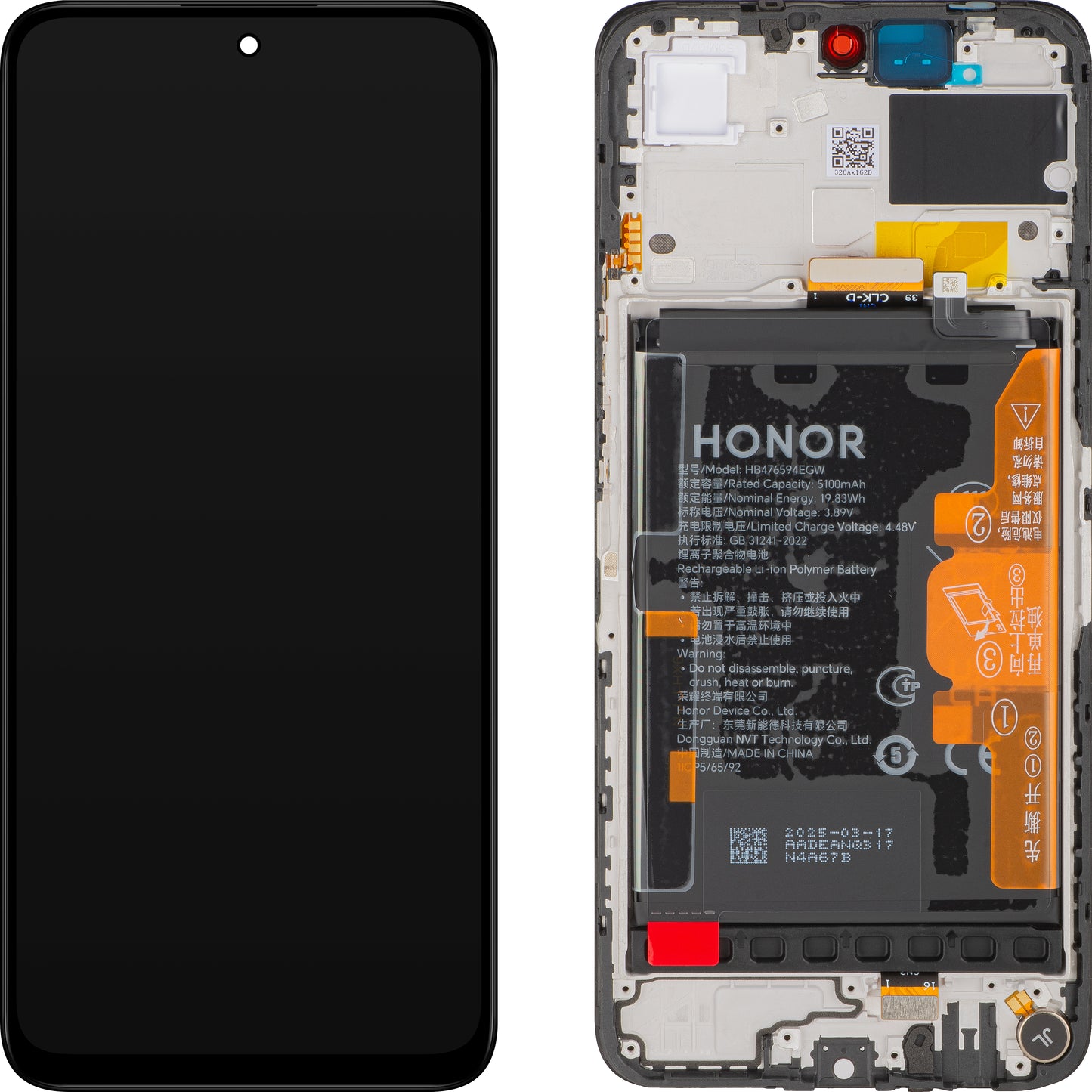 Näyttö kosketusnäytöllä Honor X7c 5G / 200 Smart, kehyksellä ja akulla, Musta (Midnight Black), Huoltopaketti 0235ALQQ