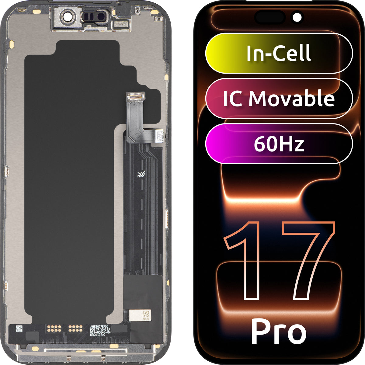 JK kosketusnäyttö Apple iPhone 17 Prolle, kehyksellä, LCD In-Cell IC siirrettävä versio, musta