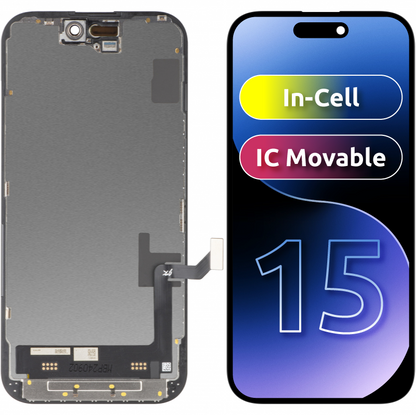 Näyttö JK kosketusnäytöllä Apple iPhone 15:lle, kehyksellä, LCD In-Cell IC Movable -versio, Musta