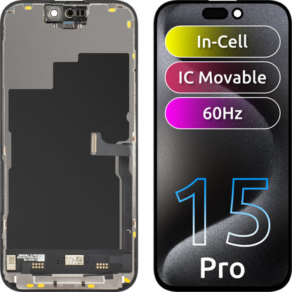 Näyttö JK kosketusnäytöllä Apple iPhone 15 Prolle, kehyksellä, LCD In-Cell IC Movable -versio, Musta