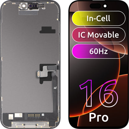 JK kosketusnäyttö Apple iPhone 16 Prolle, kehyksellä, siirrettävä In-Cell IC LCD-versio, musta