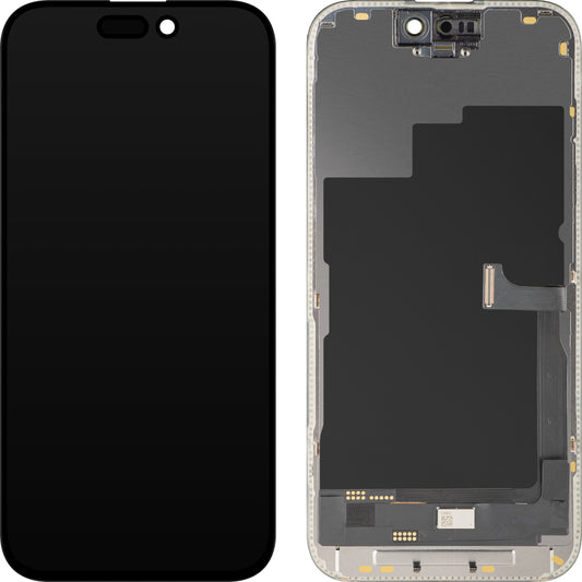 Näyttö MP-kosketusnäytöllä yhteensopiva Apple iPhone 15 Pro:n kanssa, kehyksellä, OLED FHD Diagnostic -versio, Musta