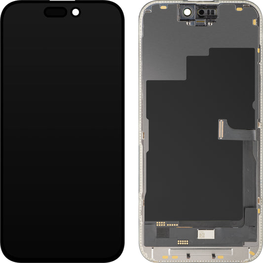 Näyttö MP-kosketusnäytöllä yhteensopiva Apple iPhone 15 Pro:n kanssa, kehyksellä, OLED FHD Diagnostic -versio, Musta