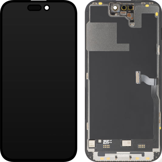 MP-kosketusnäyttö, yhteensopiva Apple iPhone 14 Pron kanssa, kehyksellä, Premium Soft OLED FHD 120Hz Diagnostiikkaversio, musta