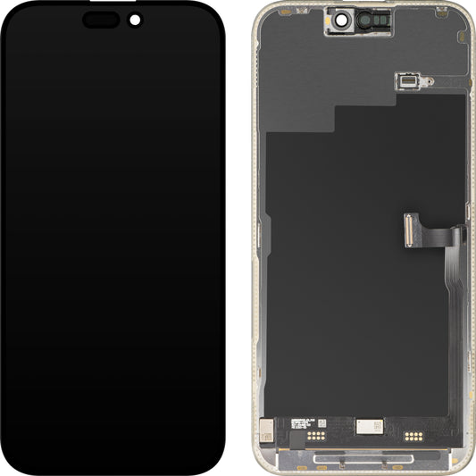 MP-kosketusnäyttö, yhteensopiva Apple iPhone 15 Pro Maxin kanssa, kehyksellä, Premium Soft OLED FHD 120Hz -versio, musta, uudelleenpakattu
