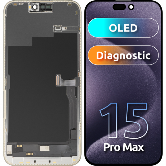 MP-kosketusnäyttö, yhteensopiva Apple iPhone 15 Pro Maxin kanssa, kehyksellä, OLED FHD -diagnostiikkaversio, musta, uudelleenpakattu
