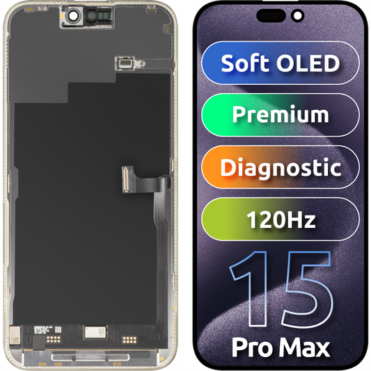MP-kosketusnäyttö, yhteensopiva Apple iPhone 15 Pro Maxin kanssa, kehyksellä, Premium-versio, pehmeä OLED FHD 120Hz, diagnostiikka, musta, uudelleenpakattu