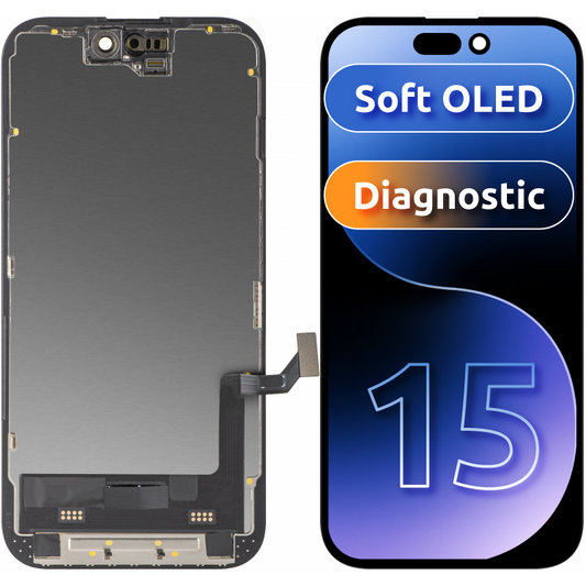 Näyttö Touchscreen MP yhteensopiva Apple iPhone 15 kanssa, kehyksellä, Soft OLED FHD Diagnostic -versio, Musta
