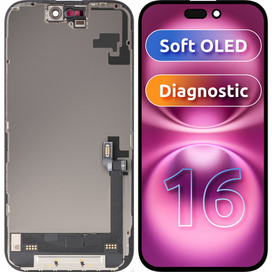 Näyttö MP-kosketusnäytöllä yhteensopiva Apple iPhone 16:n kanssa, kehyksellä, Soft OLED FHD Diagnostic -versio, Musta