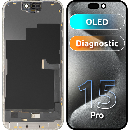 Näyttö MP-kosketusnäytöllä yhteensopiva Apple iPhone 15 Pro:n kanssa, kehyksellä, OLED FHD Diagnostic -versio, Musta