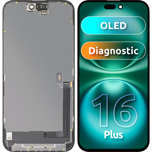 Näyttö MP-kosketusnäytöllä yhteensopiva Apple iPhone 16 Plus -laitteen kanssa, kehyksellä, OLED FHD Diagnostic -versio, Musta
