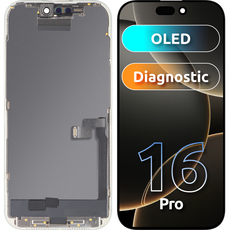 Näyttö MP-kosketusnäytöllä yhteensopiva Apple iPhone 16 Pro:n kanssa, kehyksellä, OLED FHD Diagnostic -versio, Musta