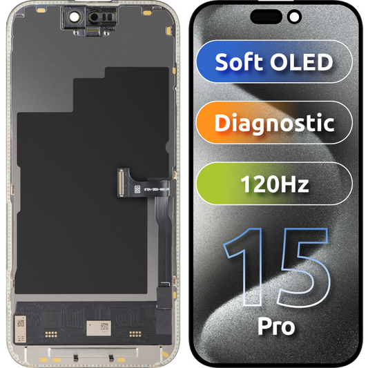 Näyttö MP-kosketusnäytöllä yhteensopiva Apple iPhone 15 Pro:n kanssa, kehyksellä, Soft OLED FHD 120Hz Diagnostiikkaversio, Musta