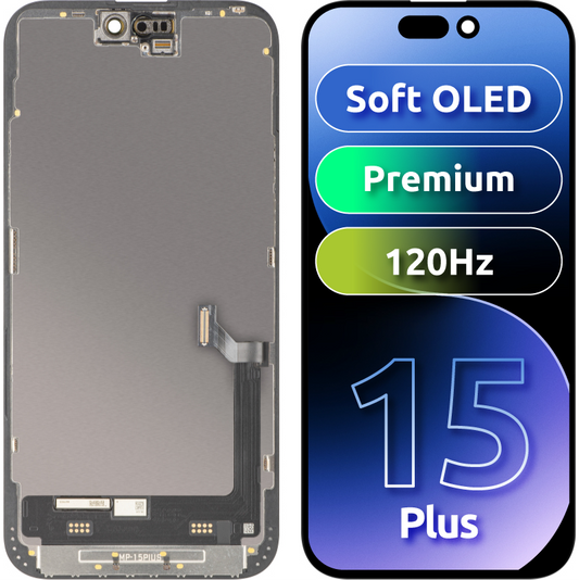 MP-kosketusnäyttö, yhteensopiva Apple iPhone 15 Plus -puhelimen kanssa, kehyksellä, Premium-versio, pehmeä OLED FHD 120Hz, musta